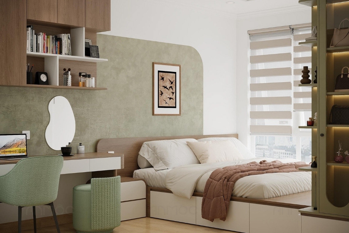 55+ Mẫu Thiết Kế Nội Thất Chung Cư "Đỉnh Nhất" 2026 2551 Không gian phòng ngủ ấm cúng với nội thất gỗ kết hợp sắc xanh dịu nhẹ được thiết kế gọn gàng, thoáng đãng