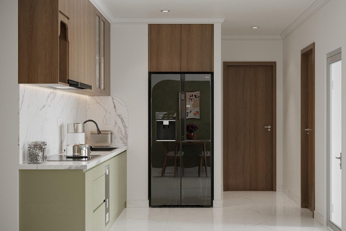 55+ Mẫu Thiết Kế Nội Thất Chung Cư "Đỉnh Nhất" 2026 2553 Khu bếp gọn gàng với hệ tủ xanh nhạt phối gỗ, mặt đá sáng, mang lại cảm giác hiện đại, sạch sẽ và tiện nghi