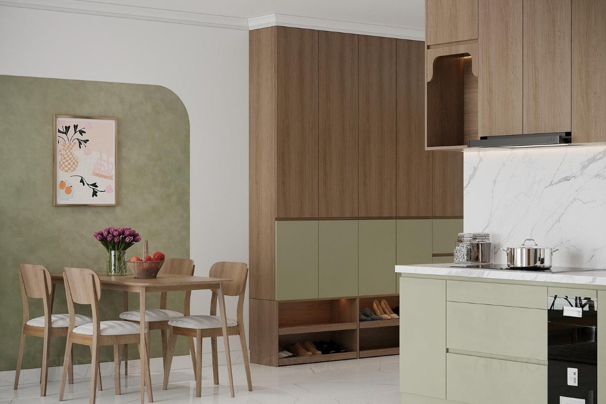 55+ Mẫu Thiết Kế Nội Thất Chung Cư "Đỉnh Nhất" 2026 2554 Khu bếp và bàn ăn căn hộ Vinhomes Central Park 83m2 thiết kế hiện đại với gam xanh và gỗ dịu mắt