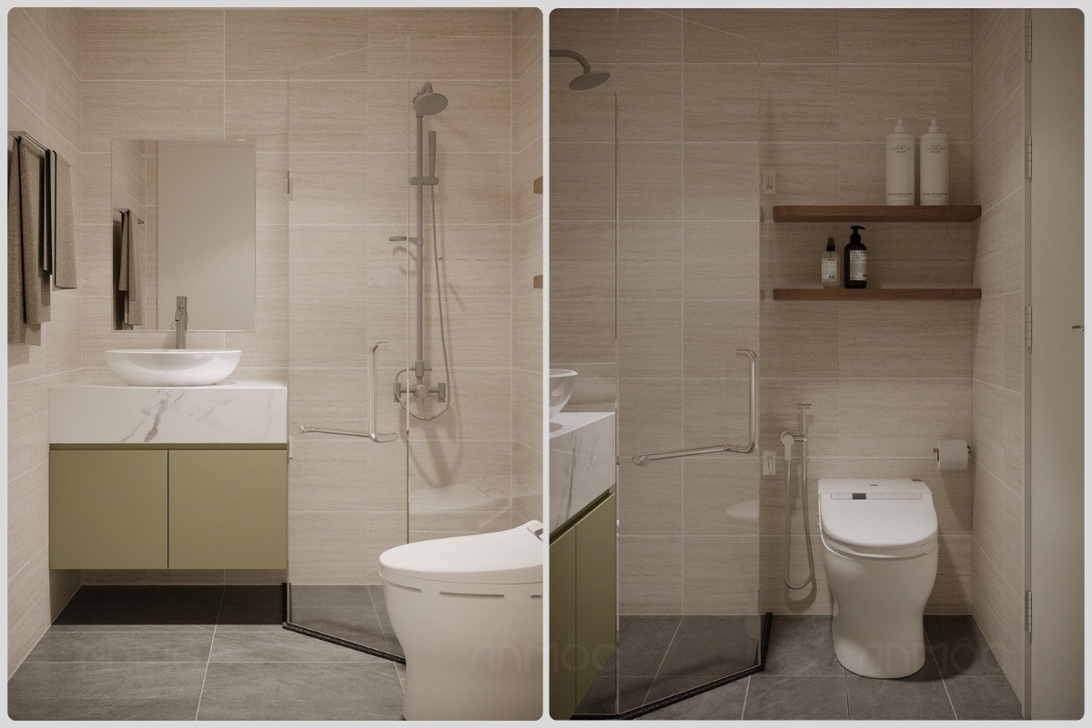 55+ Mẫu Thiết Kế Nội Thất Chung Cư "Đỉnh Nhất" 2026 2555 Nhà vệ sinh kết hợp phòng tắm được thiết kế hiện đại với gam màu trung tính, bố trí vách kính gọn gàng, mang lại cảm giác tiện nghi, thư giãn