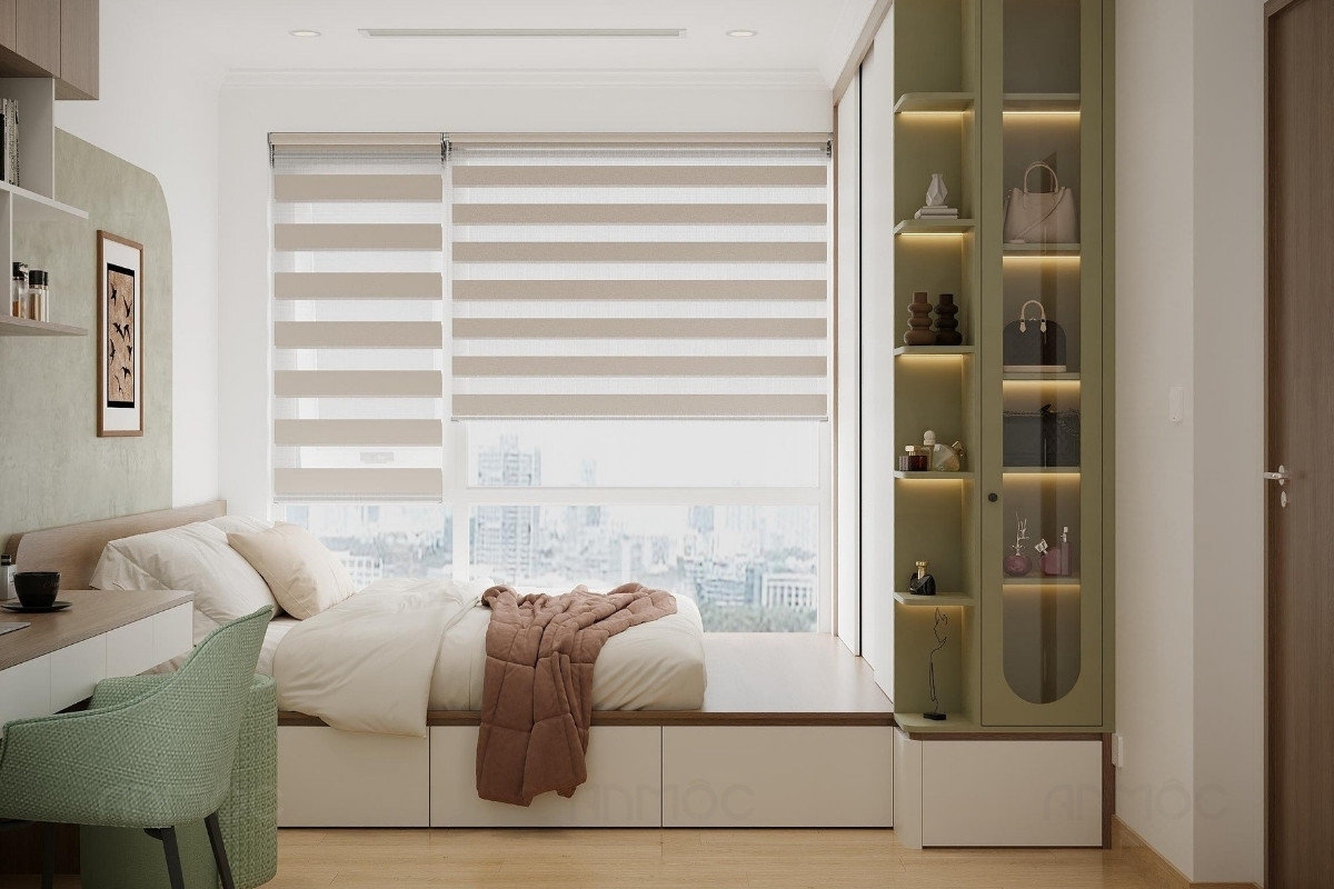 55+ Mẫu Thiết Kế Nội Thất Chung Cư "Đỉnh Nhất" 2026 2556 Phòng ngủ lớn thiết kế ấm cúng với giường bục gọn gàng, đa năng với tông màu xanh, be dịu mắt, mang lại cảm giác thư giãn