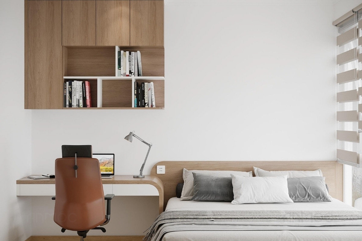 55+ Mẫu Thiết Kế Nội Thất Chung Cư "Đỉnh Nhất" 2026 2557 Phòng ngủ nhỏ thiết kế tối giản với nội thất gỗ sáng, bố trí bàn làm việc liền kề và hệ tủ treo gọn gàng, mang lại cảm giác thoáng đãng